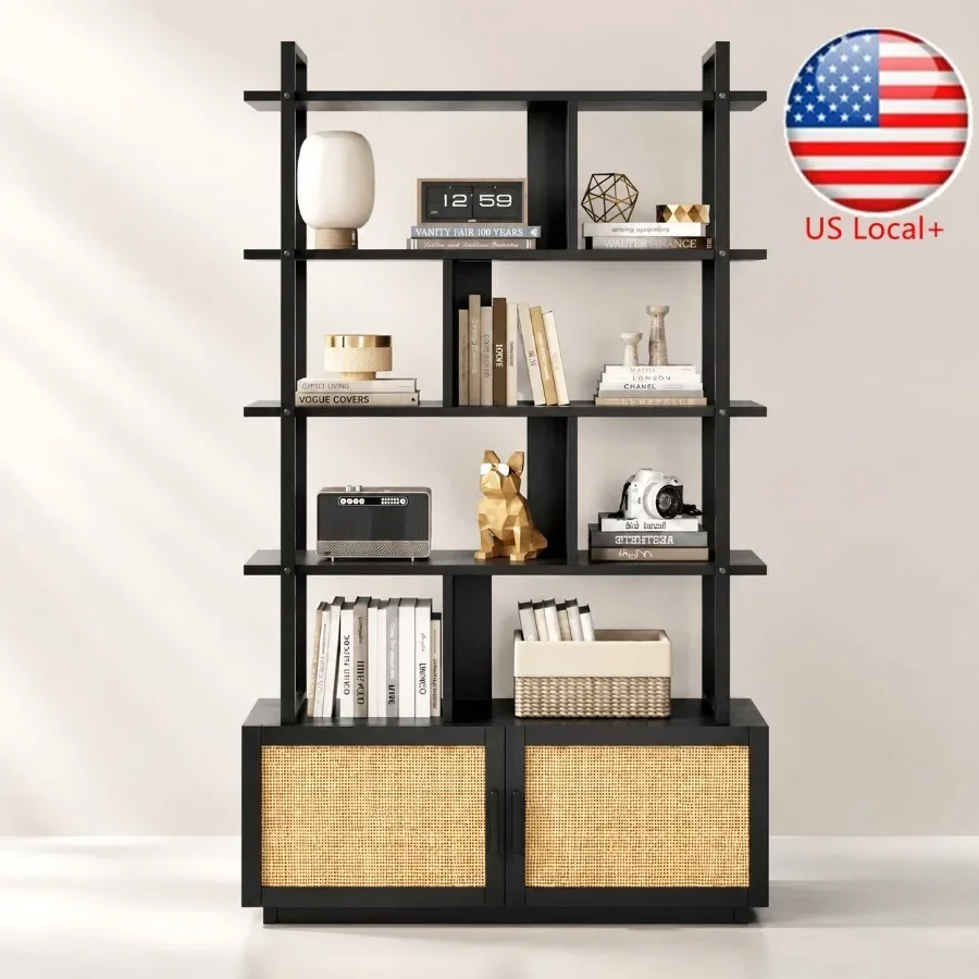 Storage & Organization - 5-Tier Rattan Bookshelf with Storage Cabinet